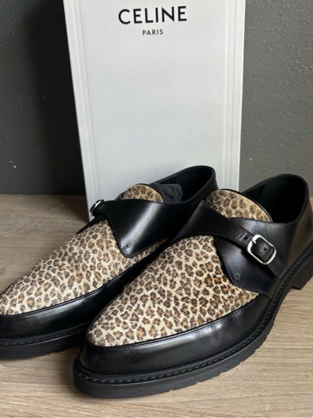 Celine Hedi Slimane Leopard Pony Hair Strap Loafers Sz 45 USED 1X